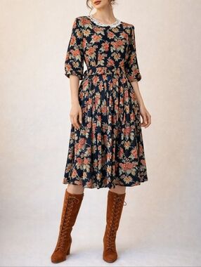 NWT Vintage Piccalino Belted Rust Floral Collared Secretary Dress 10P M Petite